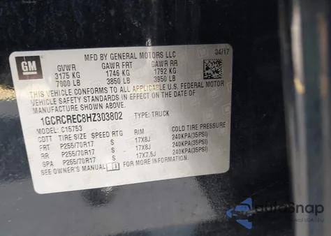 2017 Chevrolet Silverado 1500 1Lt from USA, damaged, VIN 1GCRCREC8HZ303802